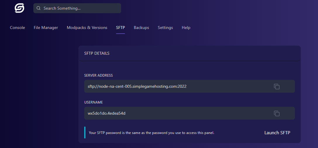 Simple Game Hosting SFTP access credentials for secure file transfer via desktop applications