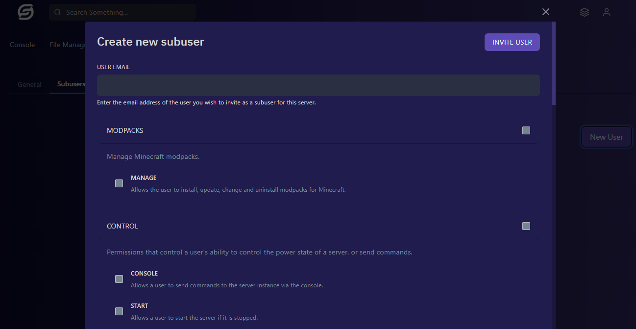 Simple Game Hosting subuser management with detailed access level controls for friends and admins