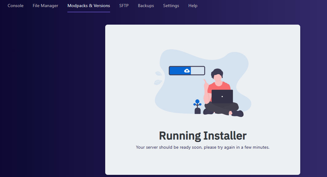 Simple Game Hosting control panel with Valhelsia 6 modpack successfully installed and ready to start