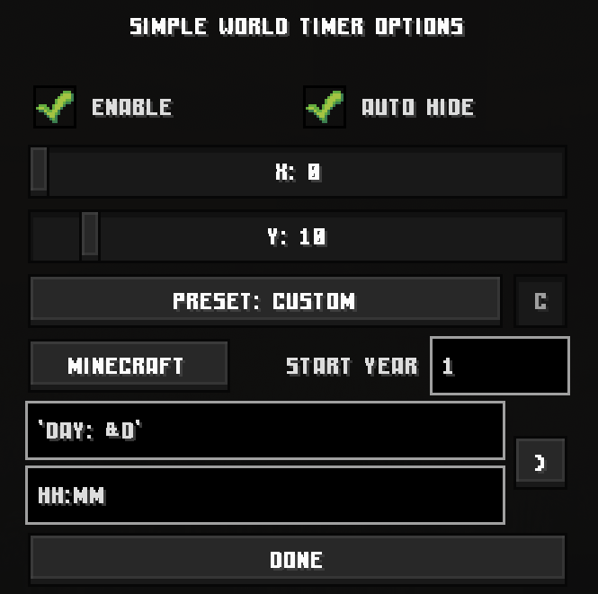 Simple World Timer configuration settings showing custom preset with Day and time format options