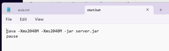 Notepad showing start.bat file contents with Java commands