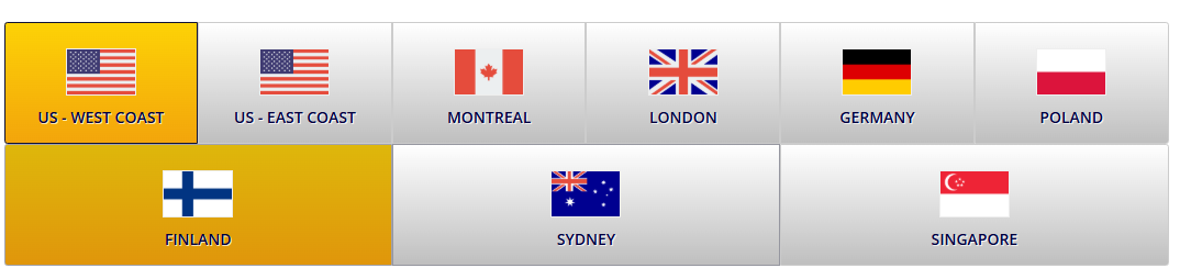 StickyPiston global server locations including US, Canada, UK, Germany, Poland, Finland, Sydney, and Singapore