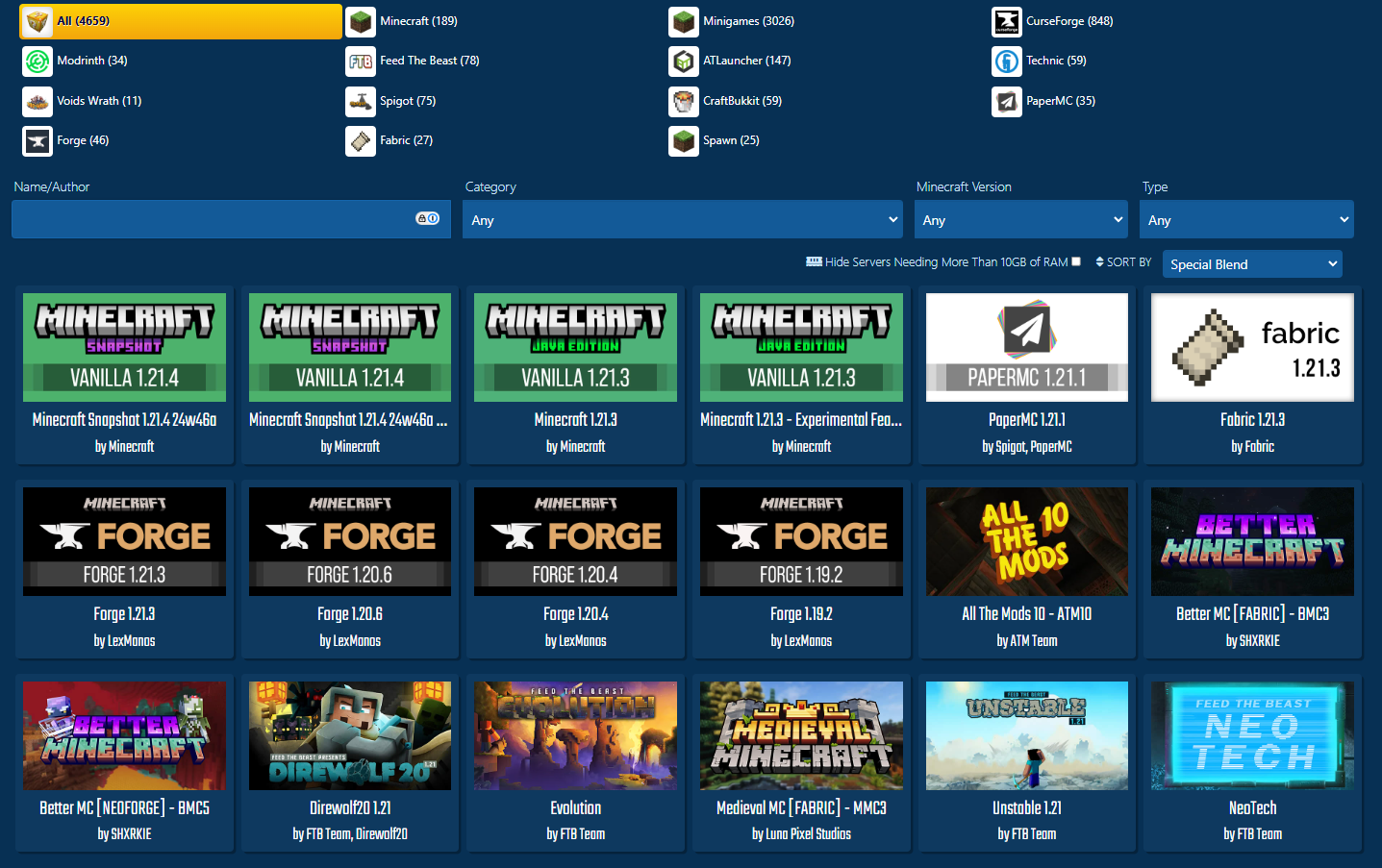 StickyPiston modpack search and installation interface for vanilla servers and modpacks
