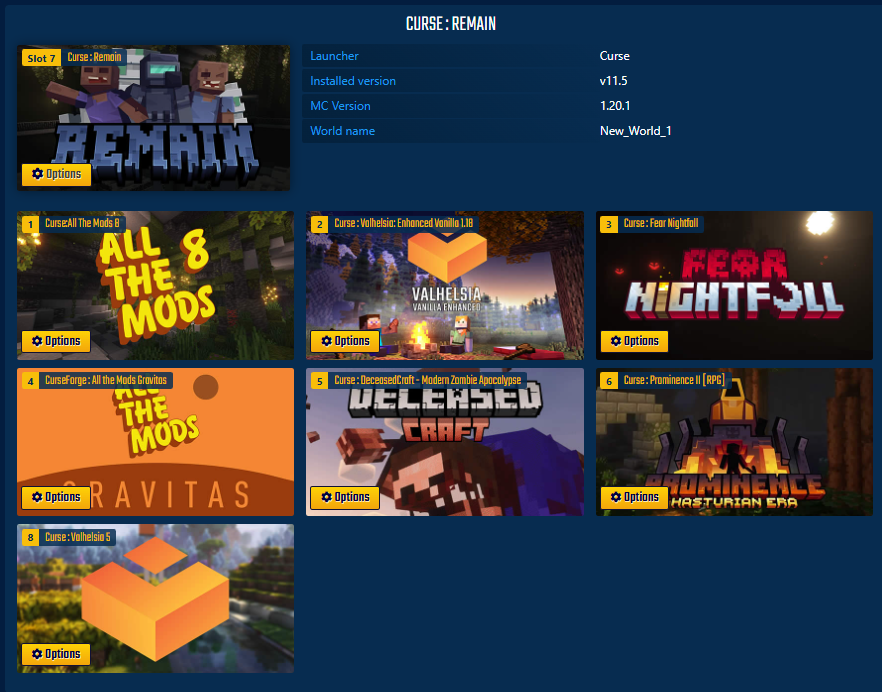 StickyPiston server instances management showing 8 slots for storing multiple server configurations
