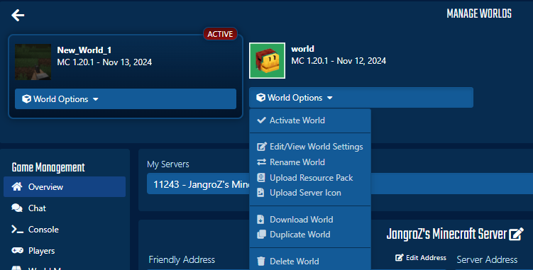 StickyPiston world manager interface showing multiple worlds per instance with unlimited world storage