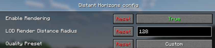 Minecraft world with Distant Horizons mod showing 128 chunks render distance