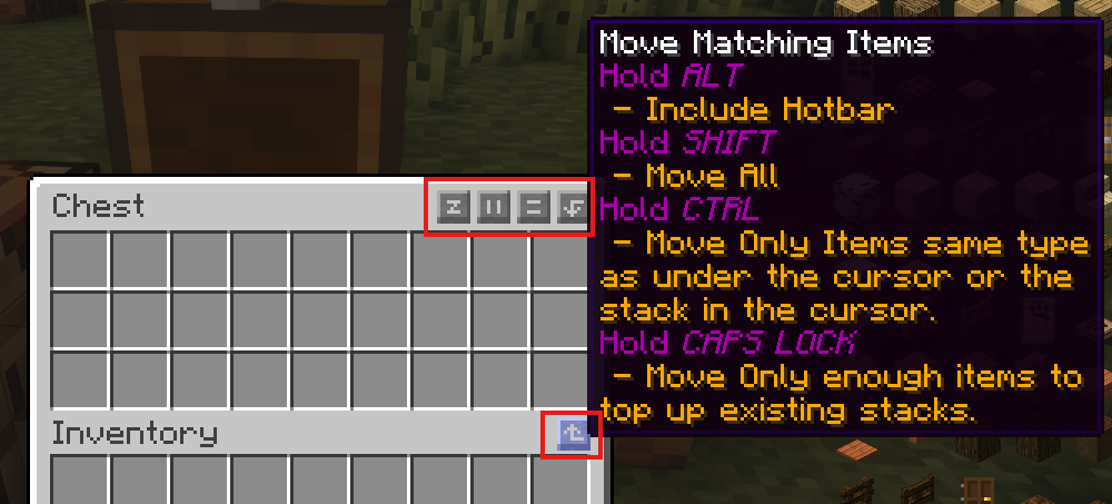 Inventory Profiles Next mod showing chest sorting buttons and item movement options