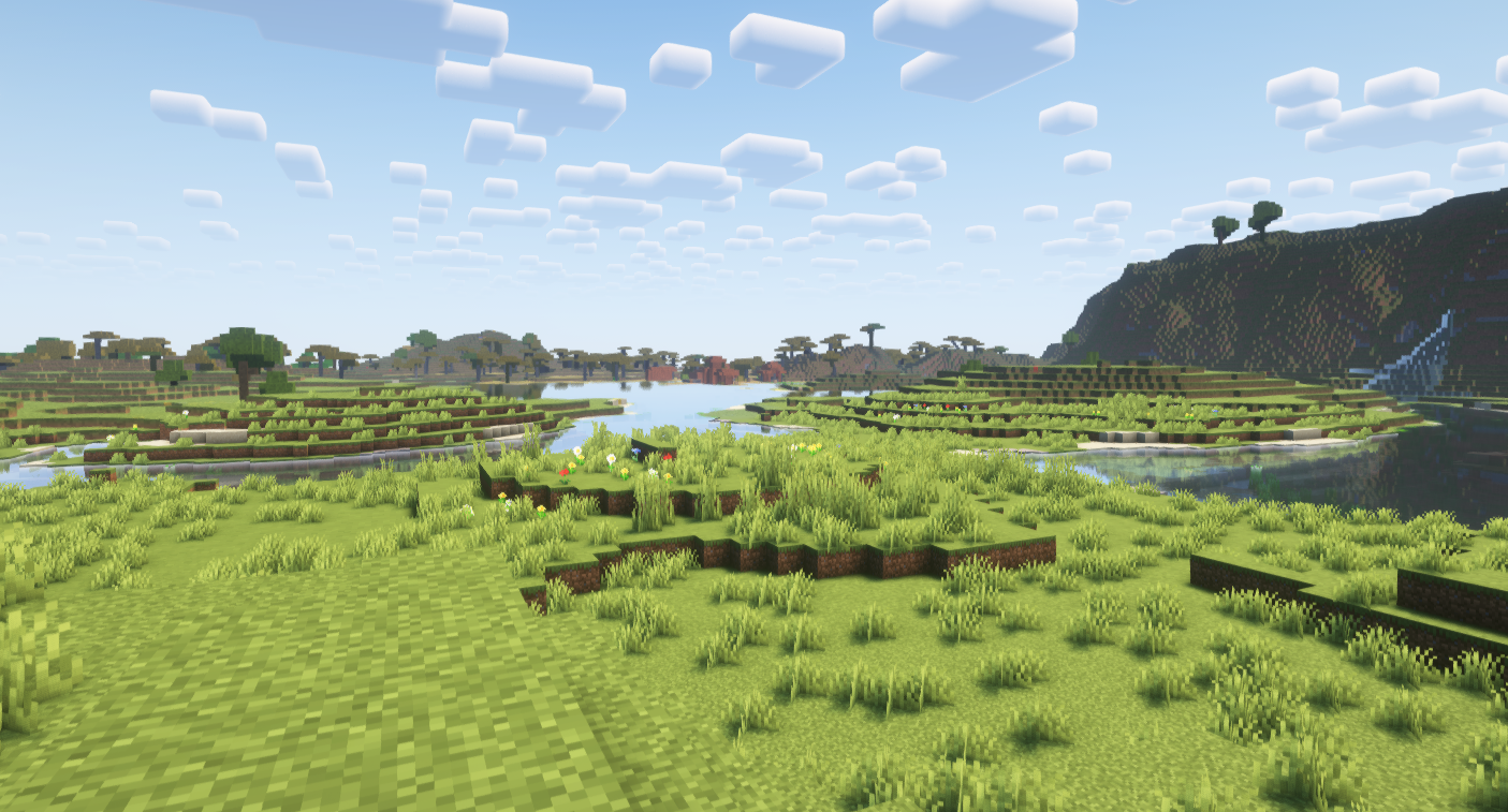 Minecraft 1.21 with Iris shaders showing beautiful landscape with realistic lighting and water effects