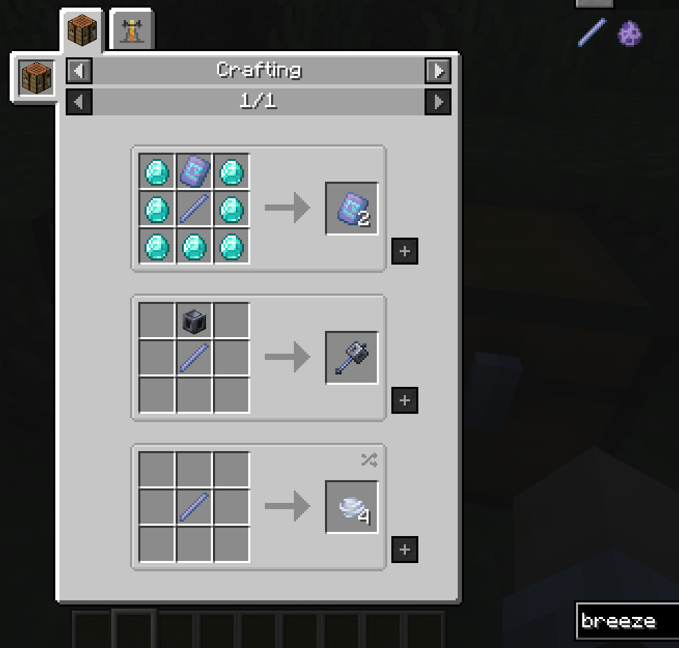 JEI showing all crafting recipes that use breeze rod as ingredient