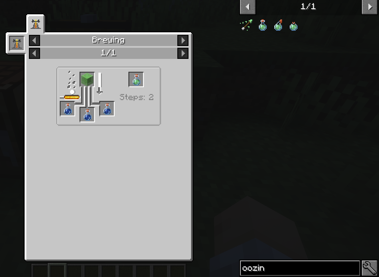 Just Enough Items (JEI) mod showing Oozing potion crafting recipe in Minecraft 1.21