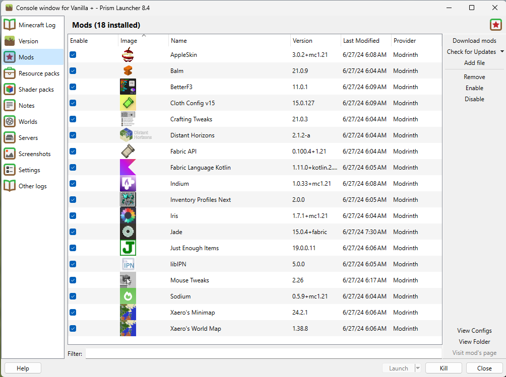 Prism Launcher showing complete mod list for Ten Mods Minecraft 1.21 modpack