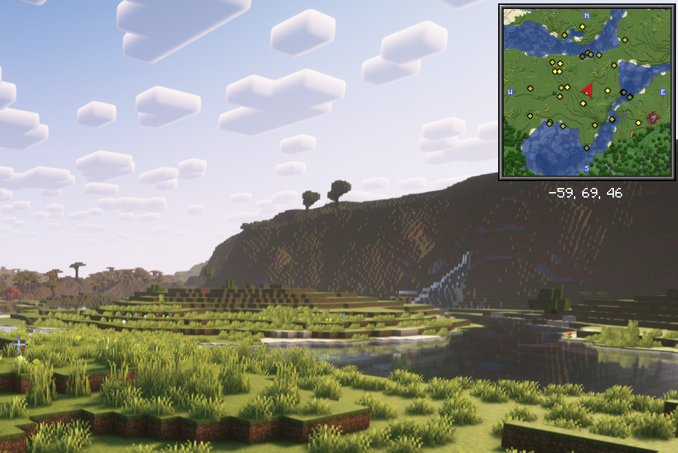 Xaero's Minimap showing surrounding terrain with mob markers and north orientation