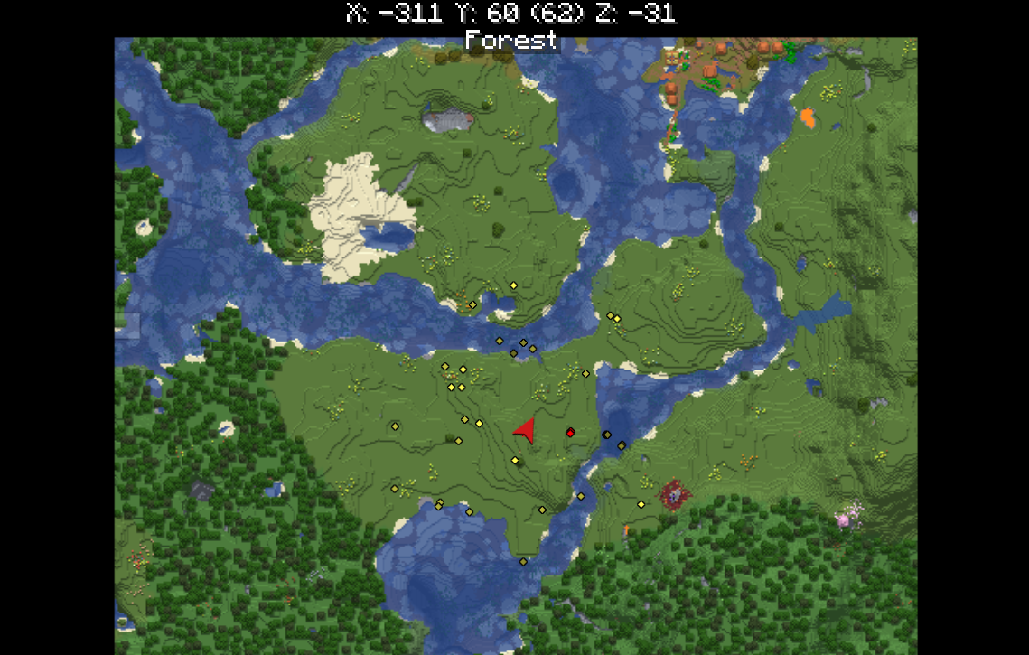 Xaero's World Map displaying explored areas with village visible to the north