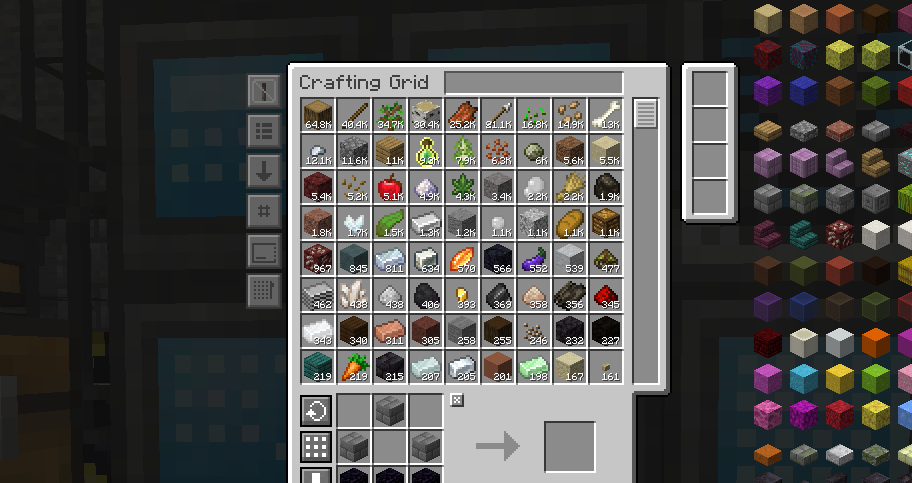 Refined Storage showing 65,000 logs and 10,000 bottles o' enchanting