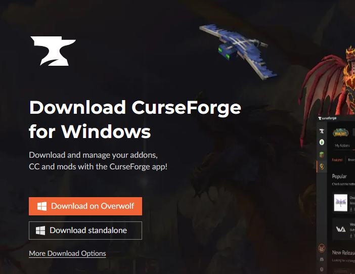 CurseForge app download page showing Windows and Mac download options