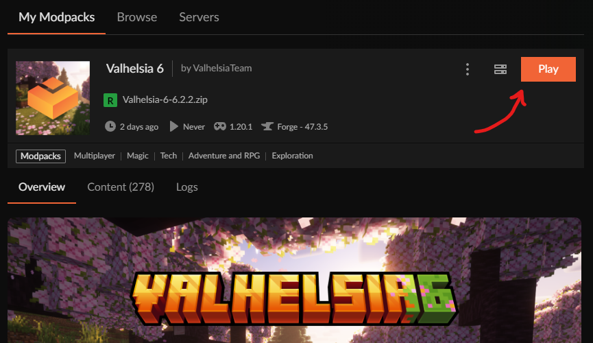 CurseForge My Modpacks tab with Valhelsia 6 instance and Play button