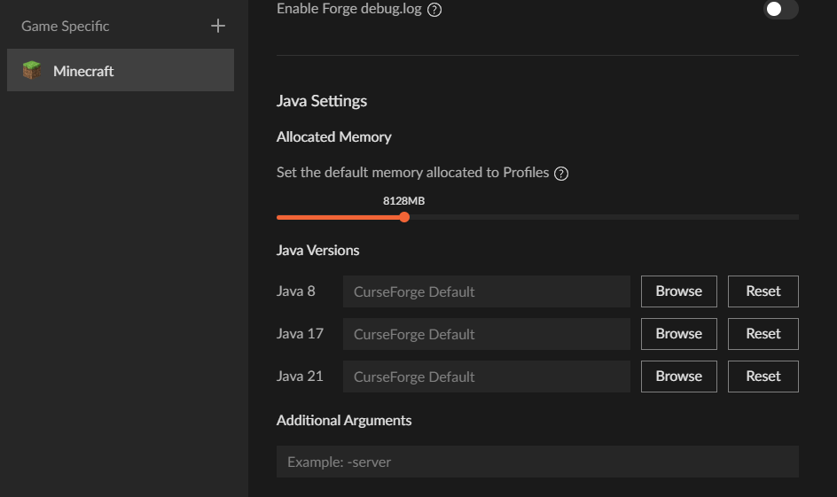 CurseForge Java settings menu showing RAM allocation options