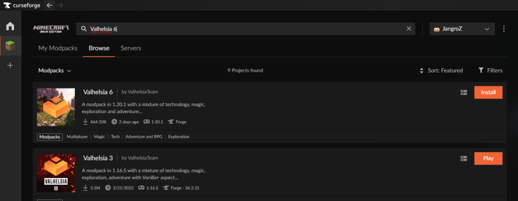 CurseForge modpack browser showing Valhelsia 6 with Install button