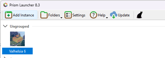 Prism Launcher instances screen showing Valhelsia 6 ready to launch
