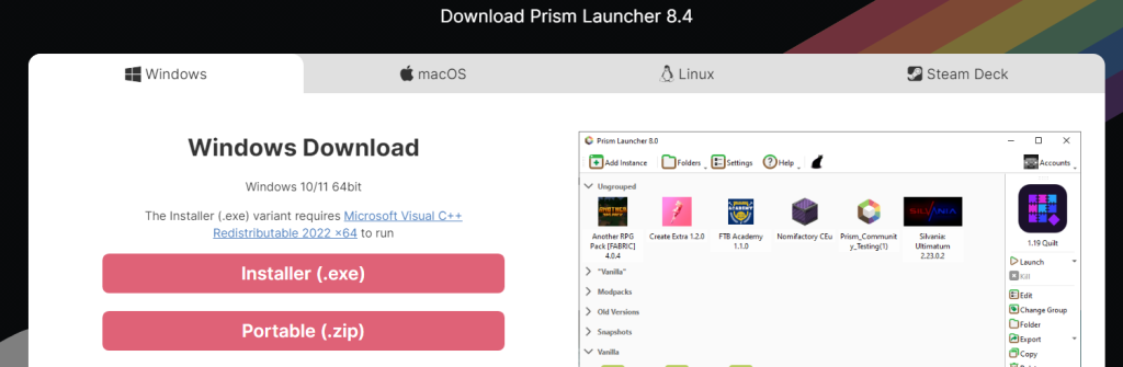 Prism Launcher download page showing version options for different operating systems