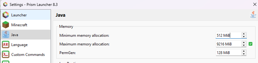 Prism Launcher Java settings showing 9GB RAM allocation configuration
