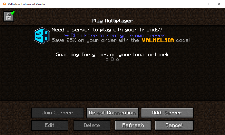 Minecraft add server dialog for Valhelsia Enhanced Vanilla