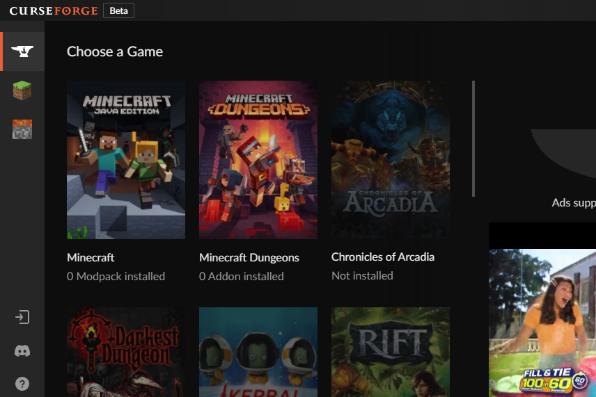 CurseForge application fresh install screen with main menu