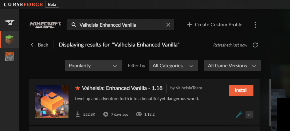 Valhelsia Enhanced Vanilla modpack install button in CurseForge