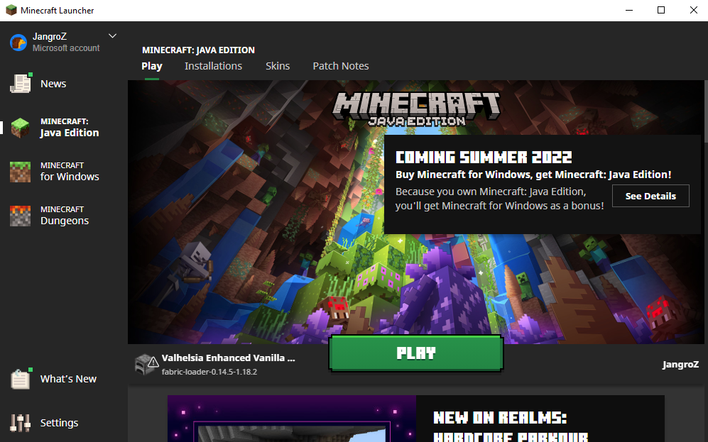 Minecraft Launcher with Valhelsia Enhanced Vanilla installation selected