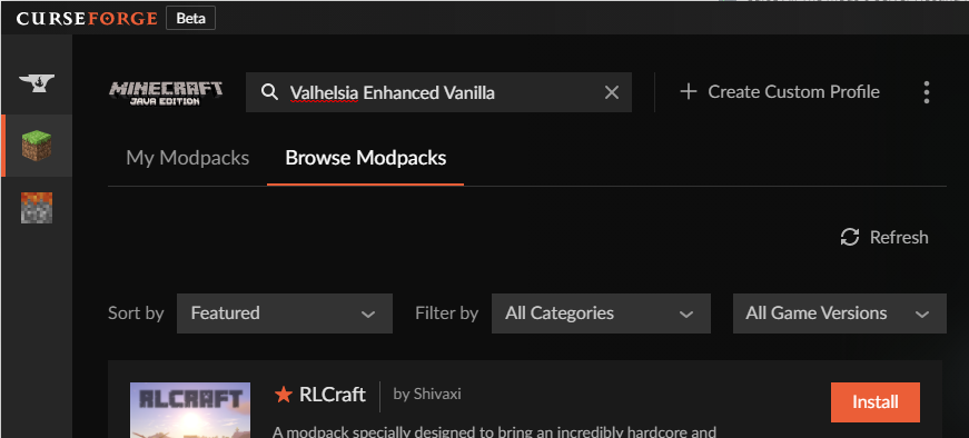 CurseForge search for Valhelsia Enhanced Vanilla modpack