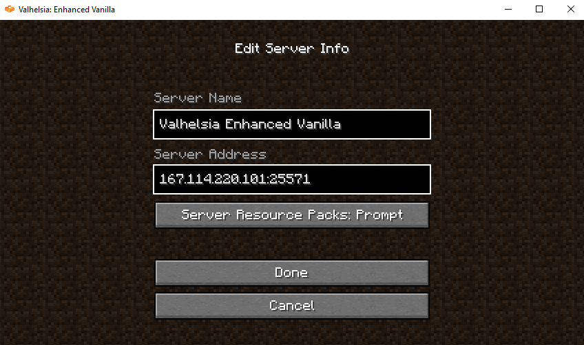 Minecraft server configuration dialog completed