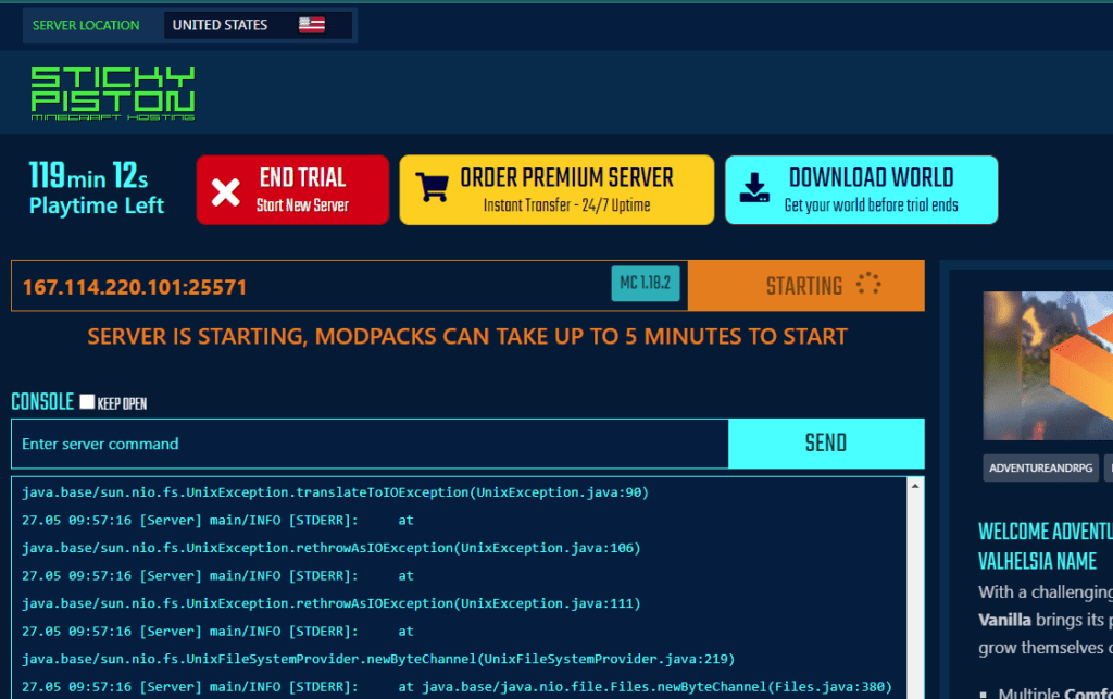 StickyPiston server console showing Valhelsia Enhanced Vanilla startup messages