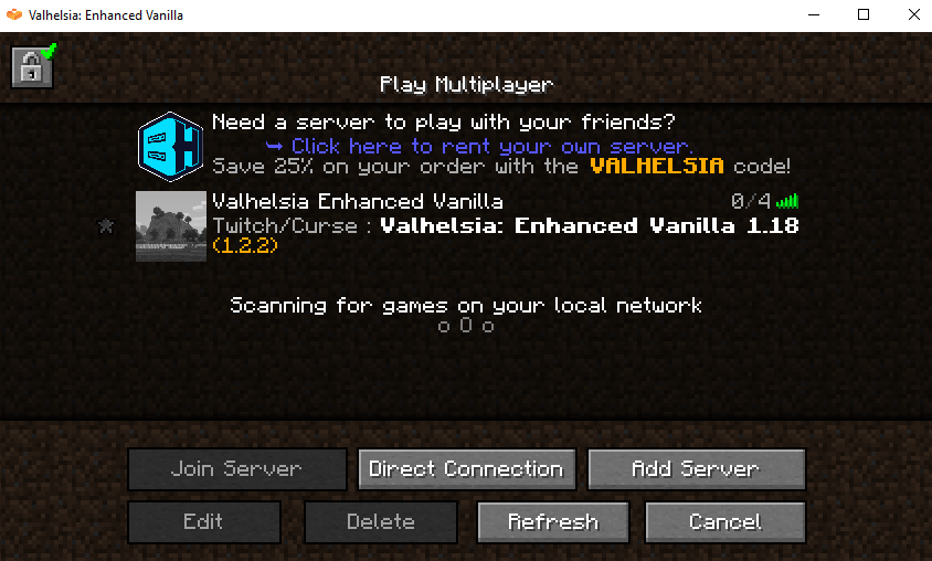 Minecraft server list showing Valhelsia Enhanced Vanilla server ready to join