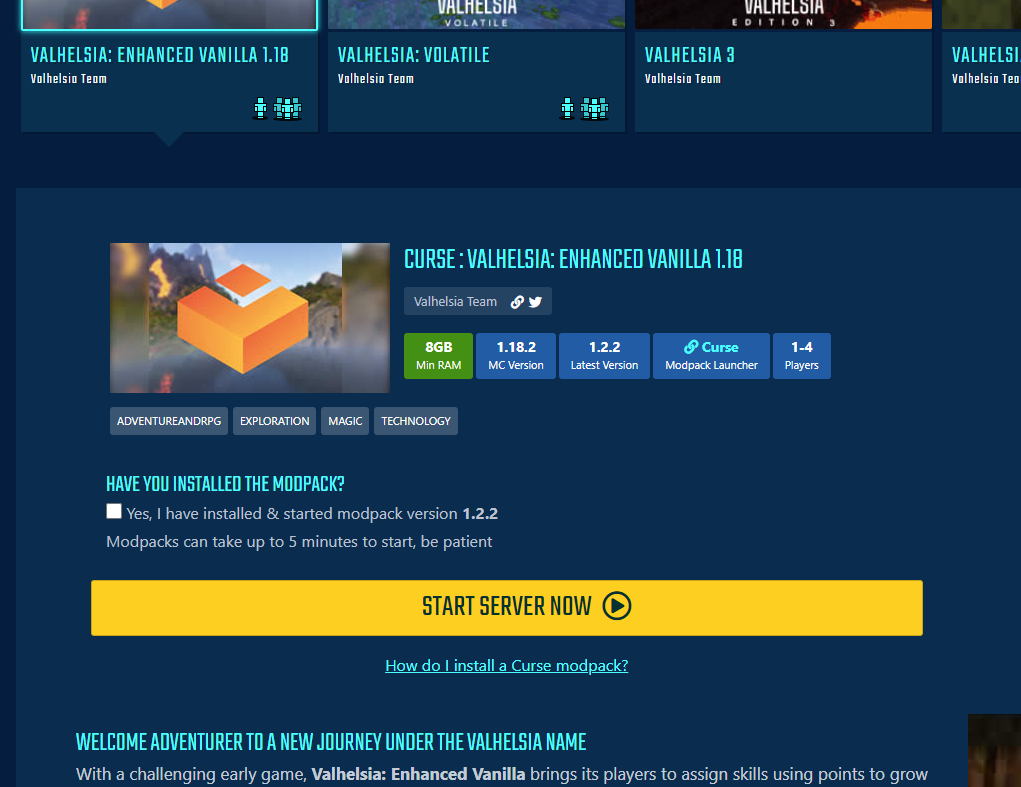 StickyPiston start server now button for Valhelsia Enhanced Vanilla