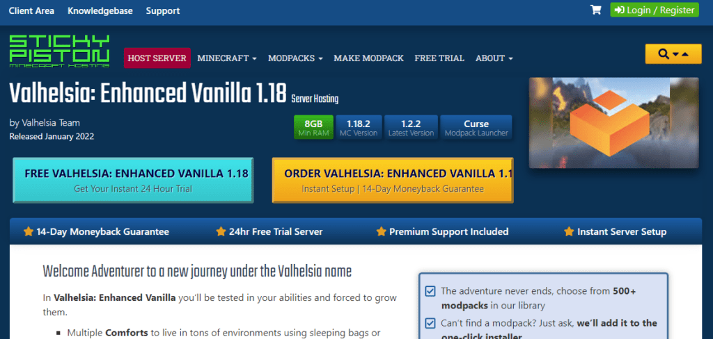 StickyPiston website page for Valhelsia Enhanced Vanilla hosting