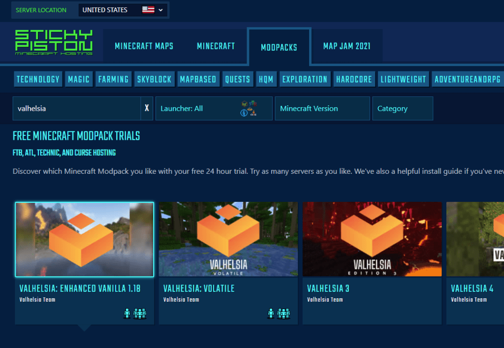 StickyPiston trial page for Valhelsia Enhanced Vanilla server