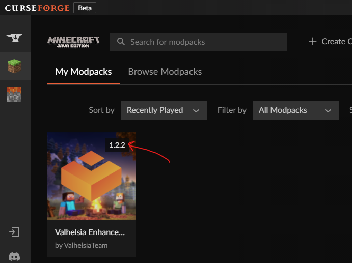 CurseForge modpack version display for Valhelsia Enhanced Vanilla
