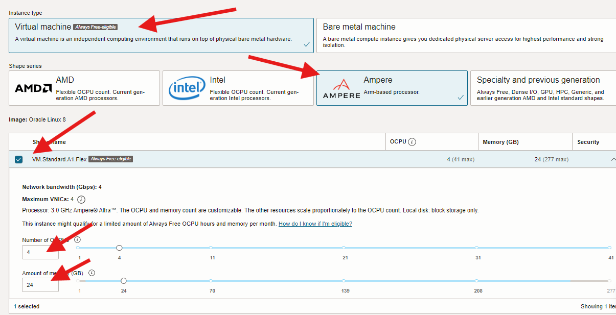 Oracle Cloud Ampere shape configuration