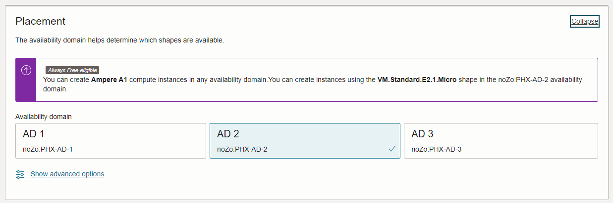 Oracle Cloud availability domain settings