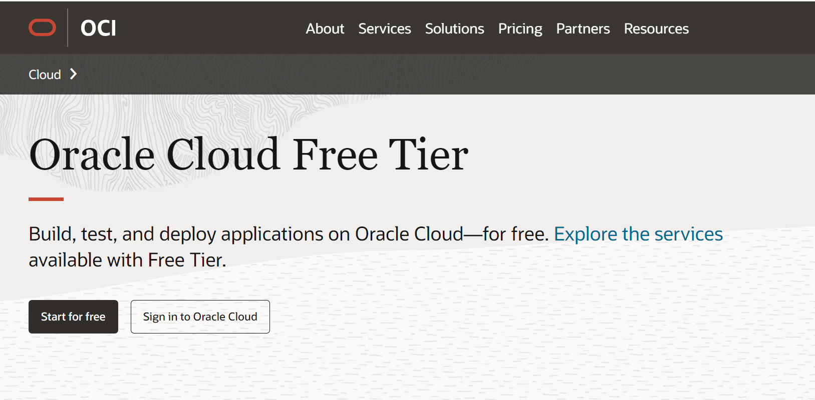 Oracle Cloud Free Tier homepage