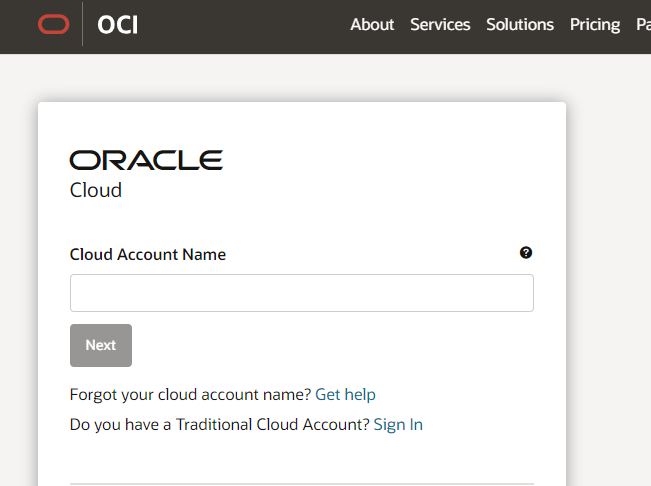 Oracle Cloud login page