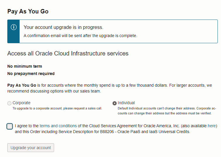 Oracle Cloud pay as you go upgrade