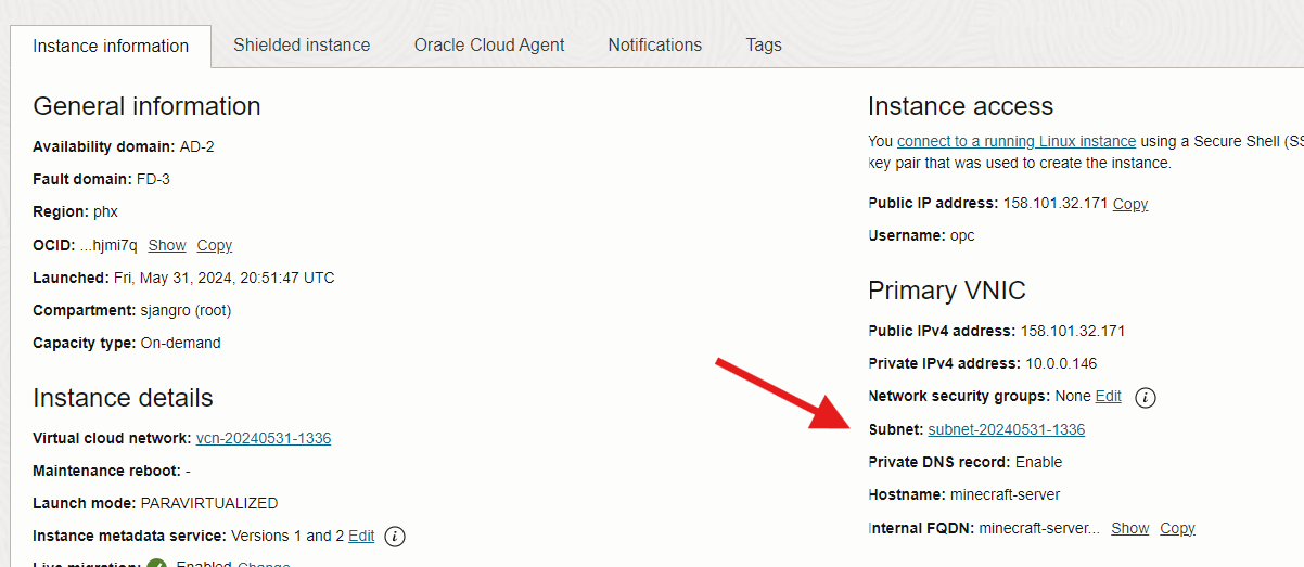 Oracle Cloud subnet information