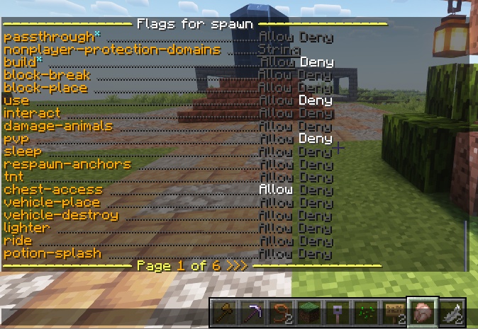 WorldGuard region flags interface showing clickable options to set allow/deny permissions for spawn protection